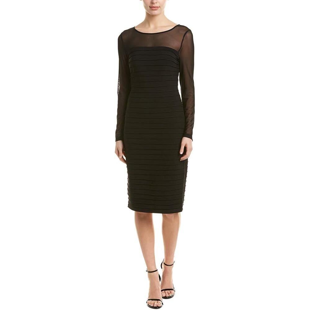 Adrianna Papell Illusion Mesh Midi Dress Black Long Sleeve Size 8 - Picture 5 of 13